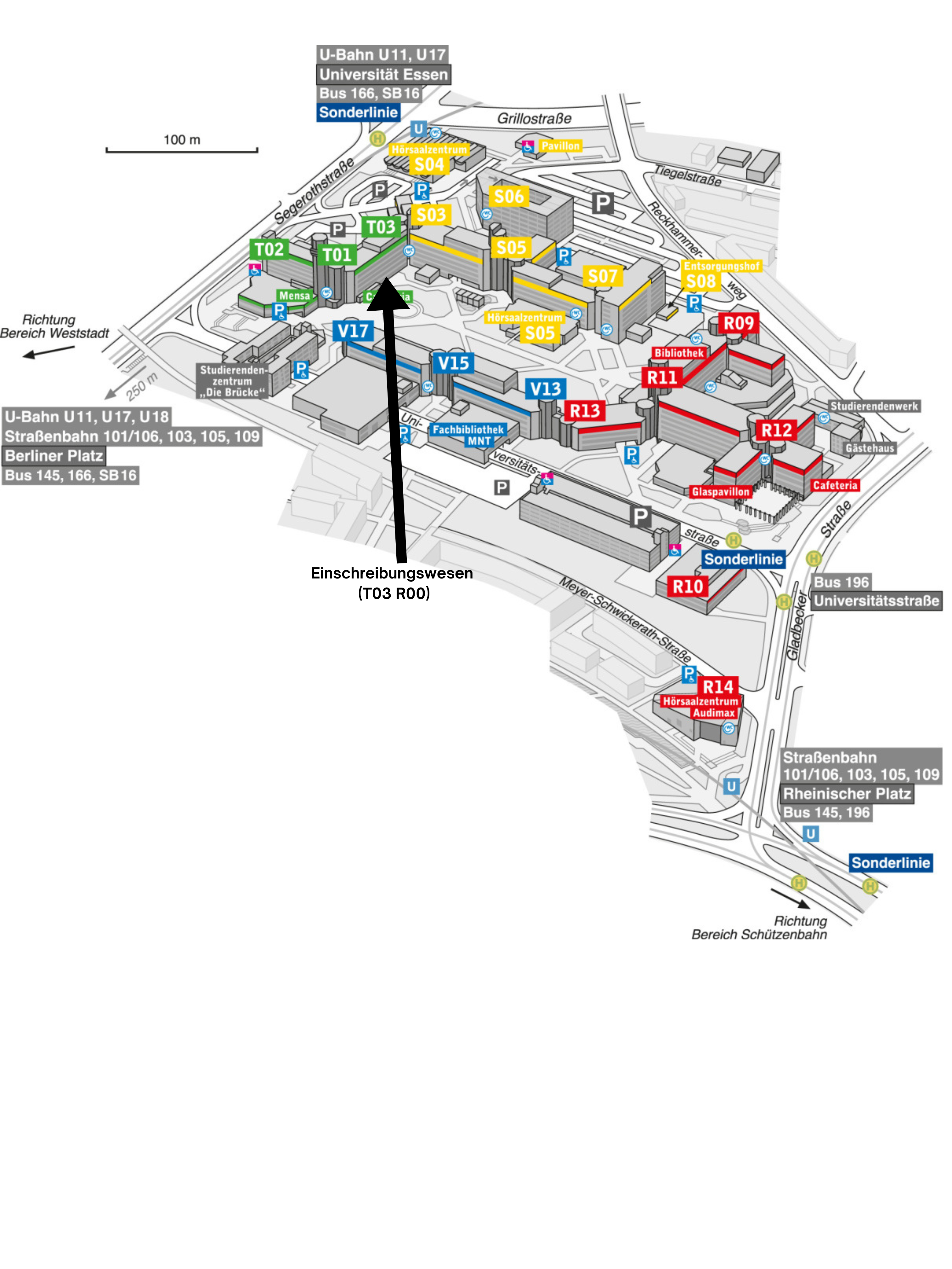 Lageplan Campus Essen mit Hinweis/Pfeil auf das Einschreibungswesen.